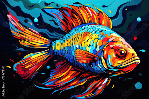 Colored bright fish in the style of pop art drawing
