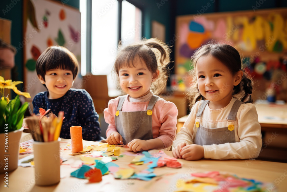 Fototapeta premium In a kindergarten filled with adorable children, boys and girls explore educational papercraft, fostering creativity.