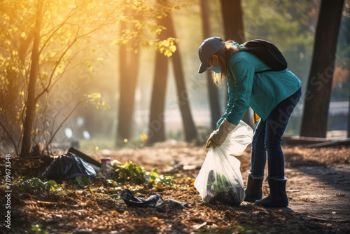 Ecological volunteers picking litter in a park promote environmental care and community responsibility. photo