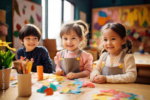 In a kindergarten filled with adorable children  boys and girls explore educational papercraft  fostering creativity.