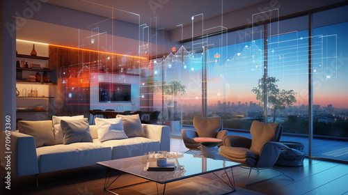 Modern living room with blue virtual reality interface and icons. Concept art of a digital holographic artificial intelligence (ai) smart technology in a house. Generated AI