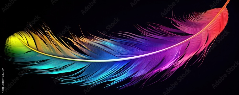 Colorful bird feather closeup on a black background