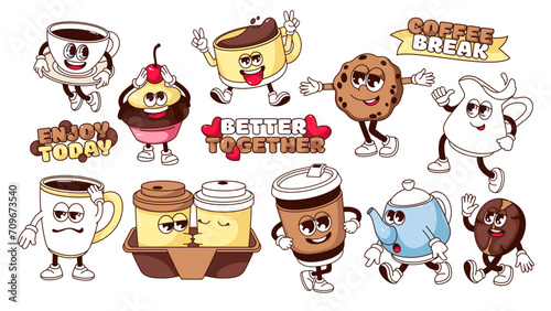Groovy coffee break cartoon characters, typography patches set. Funny coffee bean and takeaway mug, tea pot and milk jug, cookie and cake retro cartoon mascots, stickers of 70s 80s vector illustration