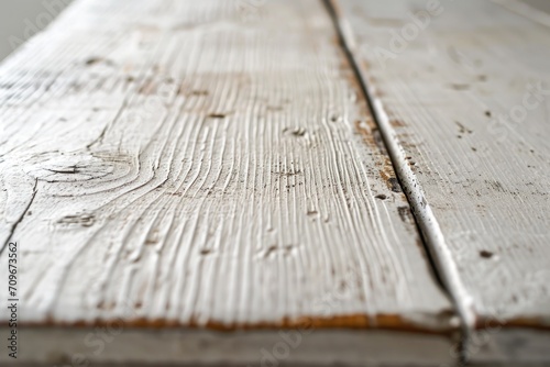 Close-up view of a wooden table with peeling paint. This image can be used to depict rustic or vintage settings
