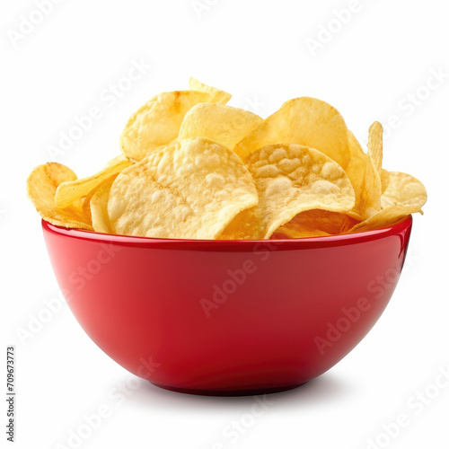 A side view of a snack bowl of fried potato chips, party food, crispy nibbles isolated on white 