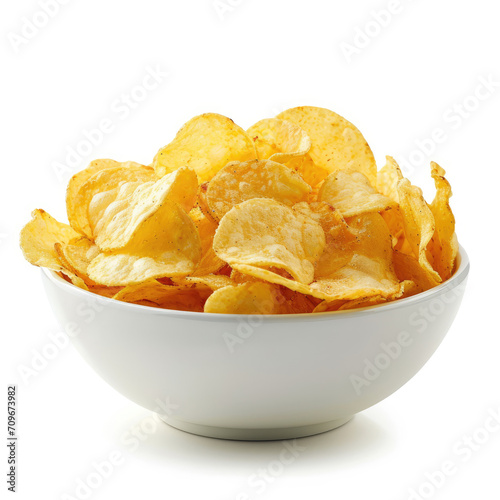 A side view of a snack bowl of fried potato chips, party food, crispy nibbles isolated on white 