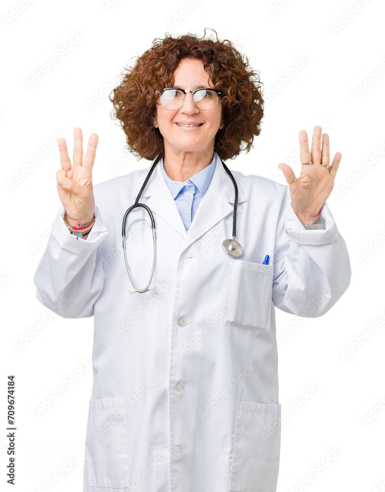 Middle ager senior doctor woman over isolated background showing and pointing up with fingers number eight while smiling confident and happy. Middle ager senior doctor woman over isolated background showing and pointing up with fingers number eight while smiling confident and happy.