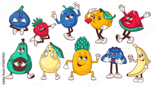 Groovy fruit cartoon characters set. Funny strawberry avocado peach banana pineapple fig pear plum watermelon. Retro fruit and berry cartoon mascots, food stickers of 70s 80s vector illustration