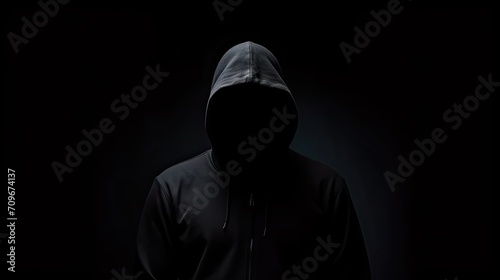 Intriguing image of a mysterious hacker wearing a black hood in the dark, isolated and shrouded in secrecy, evoking a sense of digital danger and cybersecurity threats photo