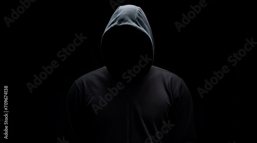 A striking silhouette of a hooded person, embodying the enigma of a hacker in the dark, isolated against a black background, evoking a sense of cybersecurity intrigue and danger photo
