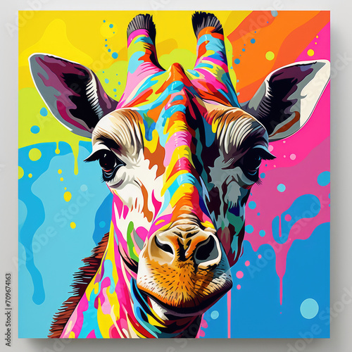 Colorful trendy bright colored giraffe portrait in pop art style