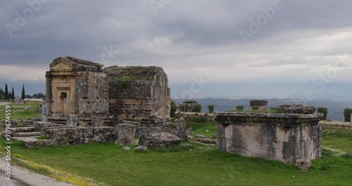 Wide shot of Tomb A18 in the ancient Necropolis of Hierapolis. photo