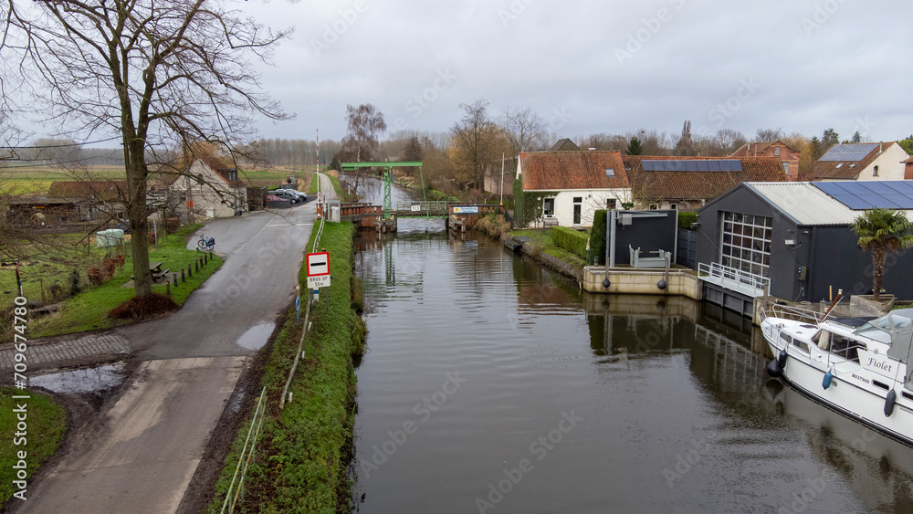 drone images of bridges on the Moervaart river in Moerbeke, East Flanders, Belgium
