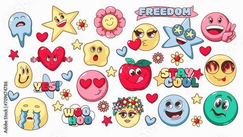 Groovy psychedelic cartoon smiley set. Funny retro emoji with weird face and drips, cartoon emoticon with trippy and happy, love and sad expression, psychedelic smiley of 70s 80s vector illustration