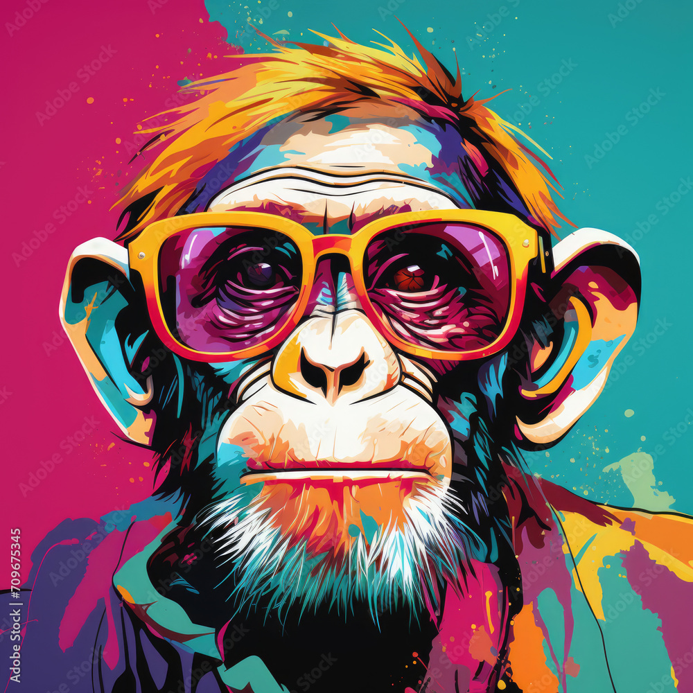 Colored monkey portrait in glasses in pop art style