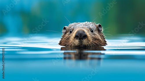  a close-up of a beaver, a symbol of Canada's wildlife, with a background of a clear blue lake, creating an endearing image for a Canada Day 2024 card photo