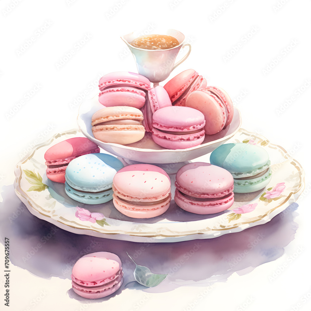 Obraz premium Watercolor painting of macarons on a ceramic stand plate.