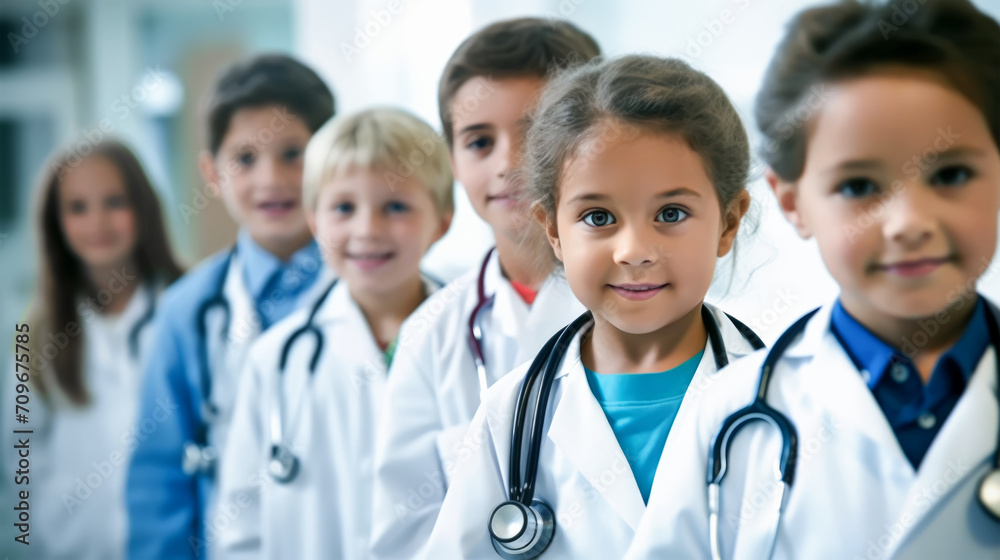 A group of young children wearing doctor coats and stethoscopes, posing in a hospital corridor. Group of Children Dressed as Doctors in a Hospital Setting A group of young children wearing doctor coats and stethoscopes, posing in a hospital corridor. Group of Children Dressed as Doctors in a Hospital Setting