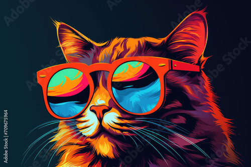 Cat in sunglasses pop art color drawing style