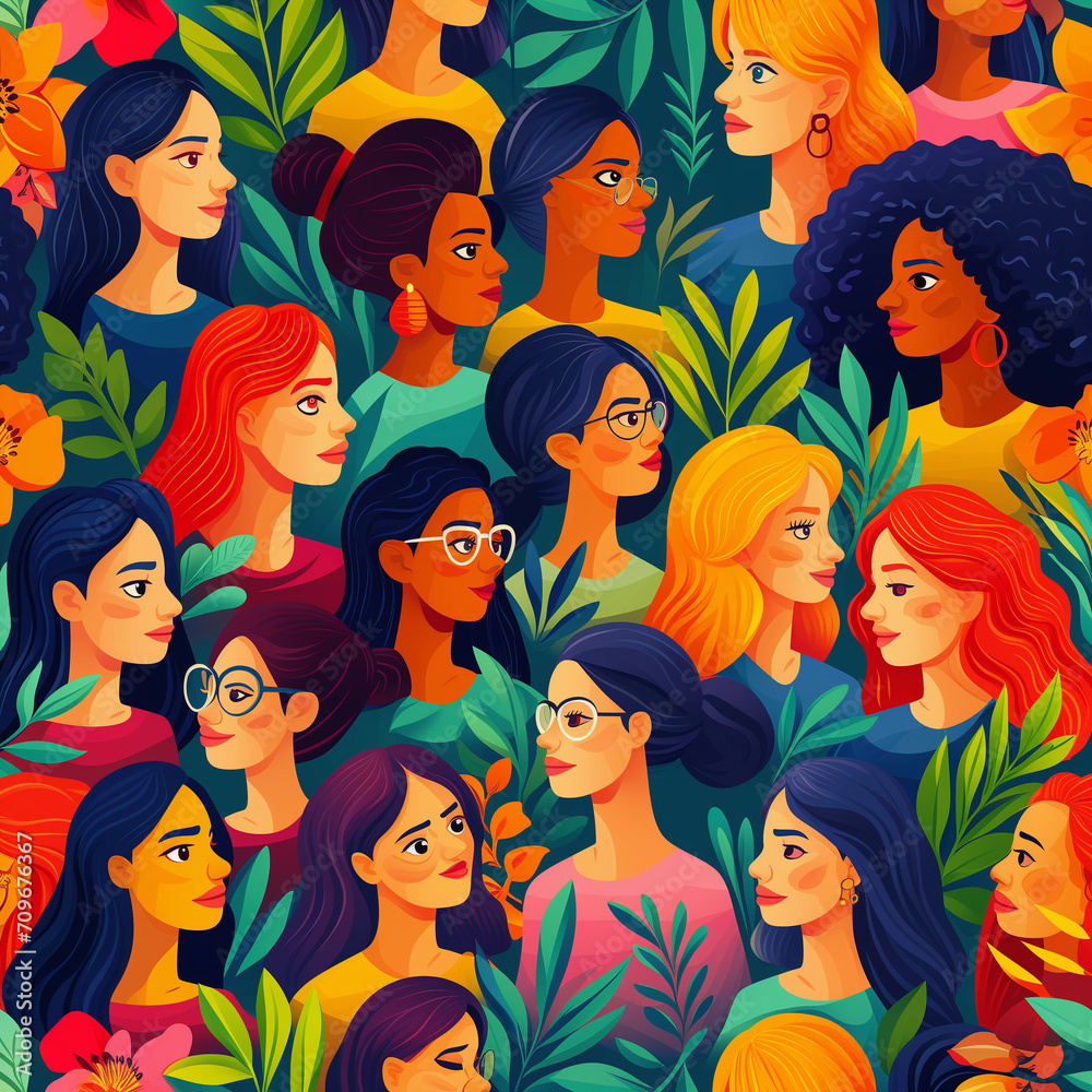 Multinational beauty. Women of different nationalities. Face to face on yellow background. Concept of sisterhood, females friendship, The fight for rights, independence, equality.