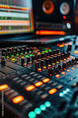 A detailed view of a mixing board in a professional recording studio. This image can be used to represent music production, audio engineering, or the creative process in a recording studio