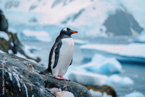 A penguin is sitting on a rock near the water. This image can be used to depict wildlife  nature  or animal habitats