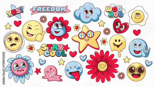 Groovy psychedelic cartoon smiley set. Funny retro emoji with distorted and trippy face melts, happy star and sad flower, blue cloud and heart smiley. Cartoon collection of 70s vector illustration