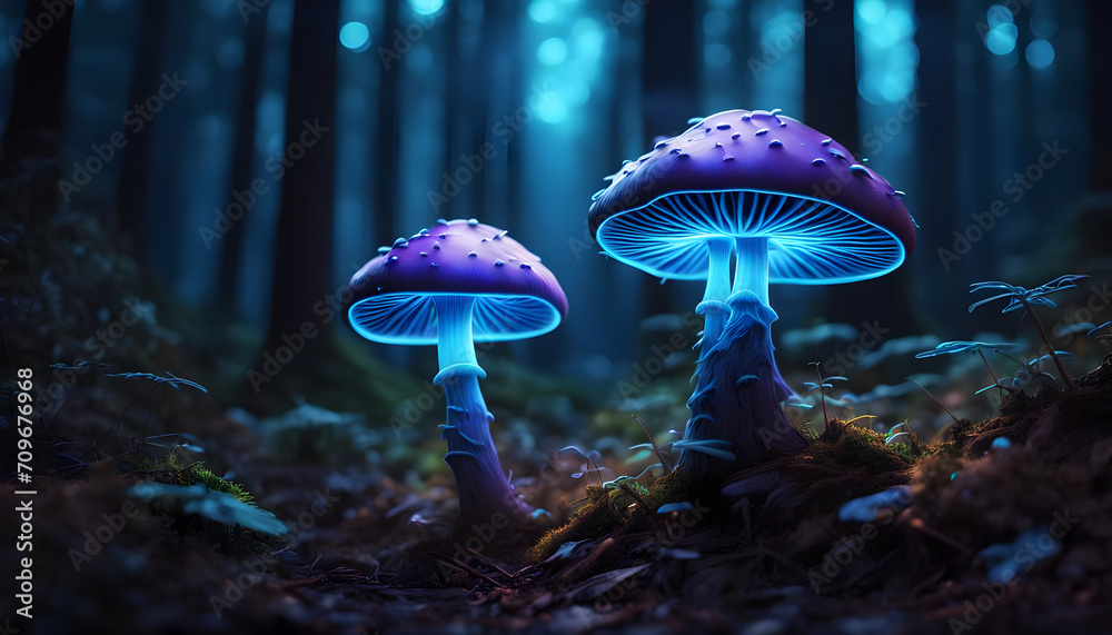 mushrooms growing in a dark forest - magical neon mushrooms glowing in ...