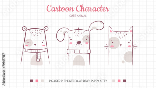 Set Cartoon Characters. Polar bear, puppy, kitty. Cute Amimal. Illustration for Kids