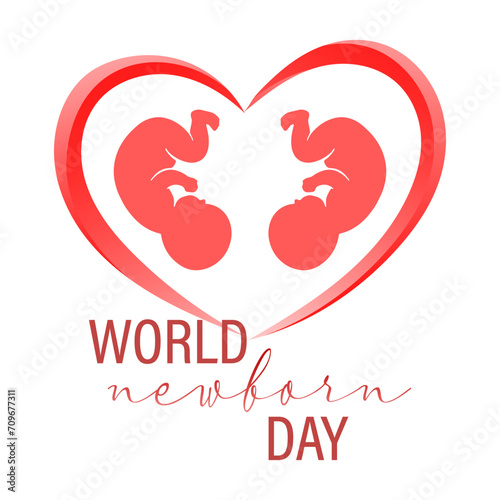 Unborn twin babies in a pink heart. World Newborn Day. Poster, print, postcard, vector
