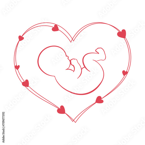 Drawing of a baby embryo in a heart with hearts around it. Newborn baby icon, postcard, vector