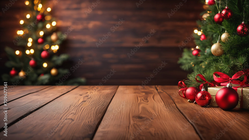 christmas tree and decorations on wooden background