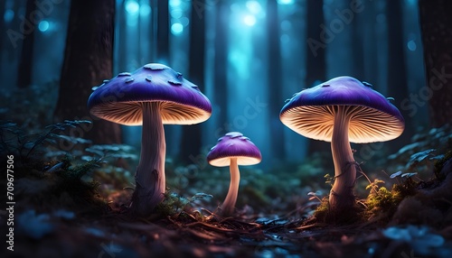 mushrooms growing in a dark forest - magical neon mushrooms glowing in a dark forest, bioluminescent mushrooms - beauty of nature. 