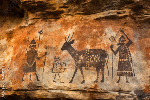 Ancient rock painting with people and animals © Michael