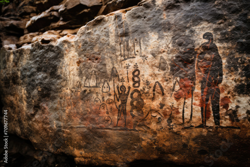 Ancient rock painting with people and animals