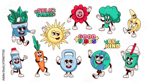 Groovy healthy lifestyle cartoon characters and stickers set. Funny retro gym kettlebell and water bottle, sun and flower mascots, cartoon healthy vegetable emoji of 70s 80s vector illustration