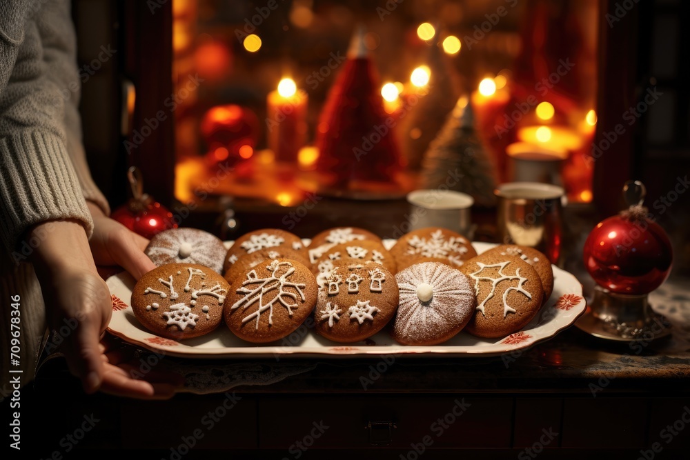 Hands holding a tray of freshly baked gingerbread cookies. Hands holding a tray of freshly baked gingerbread cookies.