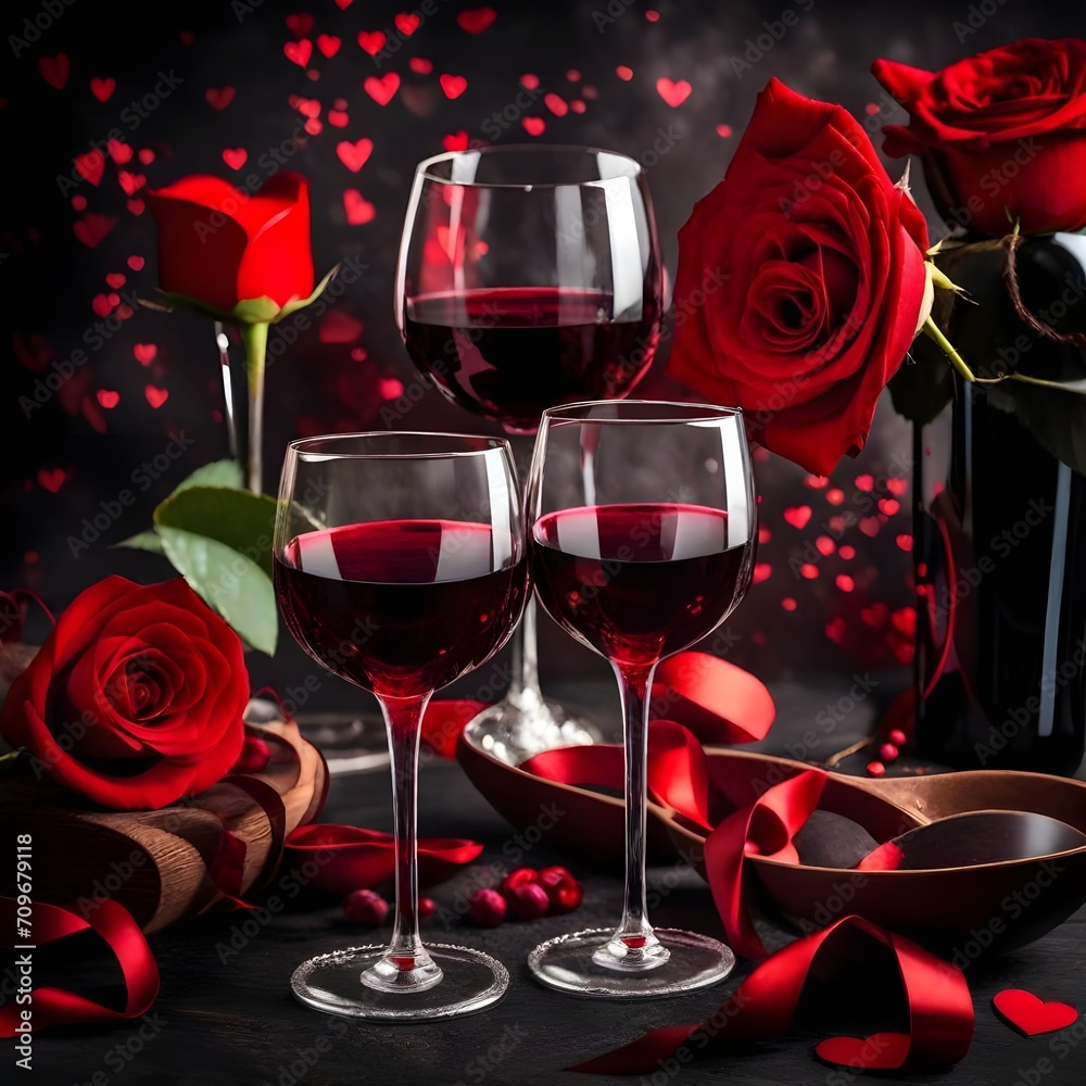 Romantic Valentine's Day Wine and Roses Composition Romantic Valentine's Day Wine and Roses Composition