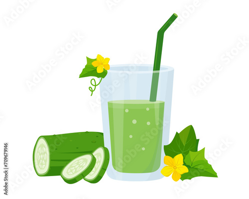 Fresh green Cucumber juice in glass. Weight loss diet smoothie. Detox cucumber cocktail for healthy dieting. Vector illustration isolated on white background.