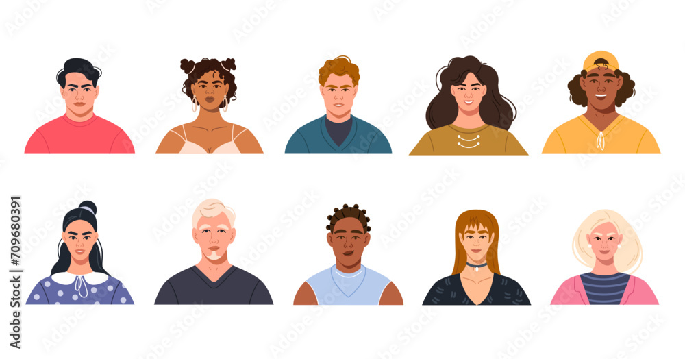 The faces of modern stylish people of different nationalities. A set of avatars, portraits of female and male characters. Bright vector illustration in a flat style - obrazy, fototapety, plakaty 