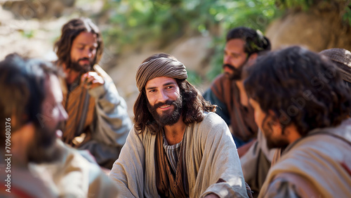 Jesus sits outside with his disciples and discusses the topic of Christianity and religion photo