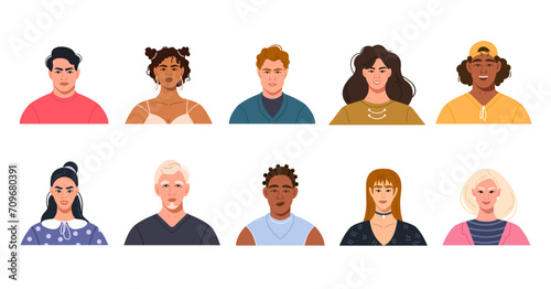 The faces of modern stylish people of different nationalities. A set of avatars, portraits of female and male characters. Bright vector illustration in a flat style