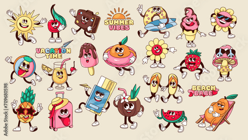 Groovy summer travel and beach holiday stickers set vector illustration. Cartoon isolated retro vacation collection of cute characters, happy sweet food and summer fruit, sun and suitcase, cocktail