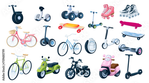 Personal transport and sports accessory for city ride set vector illustration. Cartoon isolated electric, motor and kick scooters, bikes and skateboards, roller skates, transport of kids and adults photo