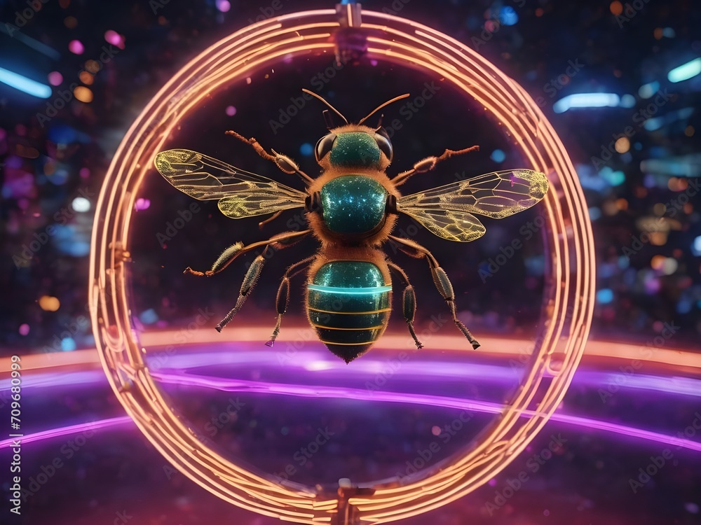 World Bee Day May 20 Honeybee isolated on neon background with copy space for text. Perfect for