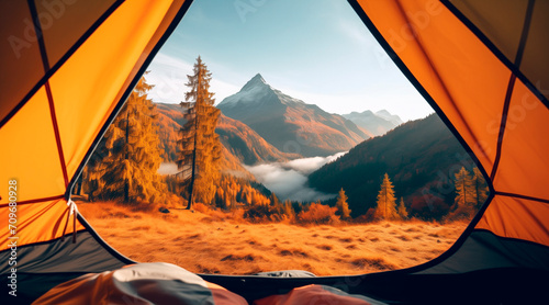 Point of view from a tent: panoramic view of the mountains in autumn. Rest in nature. mountaineering, mountaineering. camping