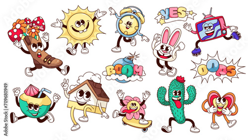 Groovy characters with surprise expressions set vector illustration. Cartoon isolated retro crazy stickers collection of funny personages, sun and flower on skateboard, surprise hippie boot, heart