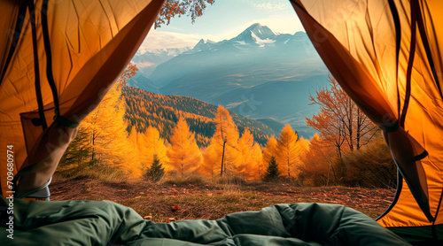 Point of view from a tent: panoramic view of the mountains in autumn. Rest in nature. mountaineering, mountaineering. camping