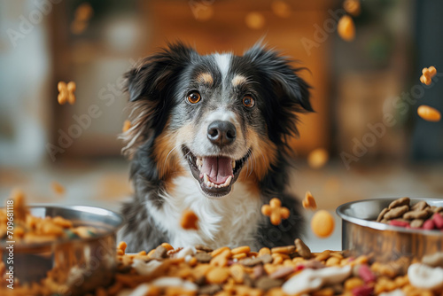 Joyful black and white dog with brown markings, happily catching treats in mid-air, featuring a warm, bokeh-lit backdrop perfect for pet food advertisements, dog care social media content, or vibrant photo