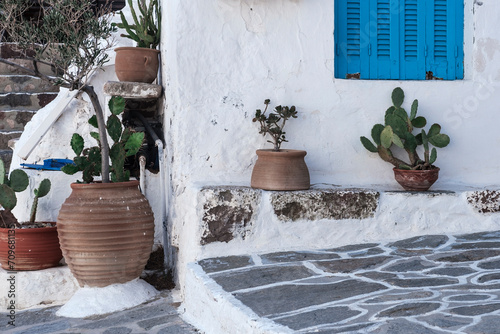 traditional greek islands street view, clay pots with plants in pennle street, whitewashed white houses with blue painted wooden windows and doors © Ela